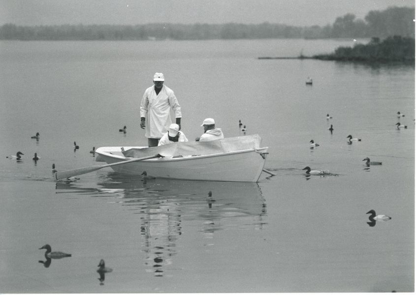 Bushwhack boat built by Jim Holly used for hunting in icy waters. Photograph, c. 1970, gift of E.B. Griffin. 756.7