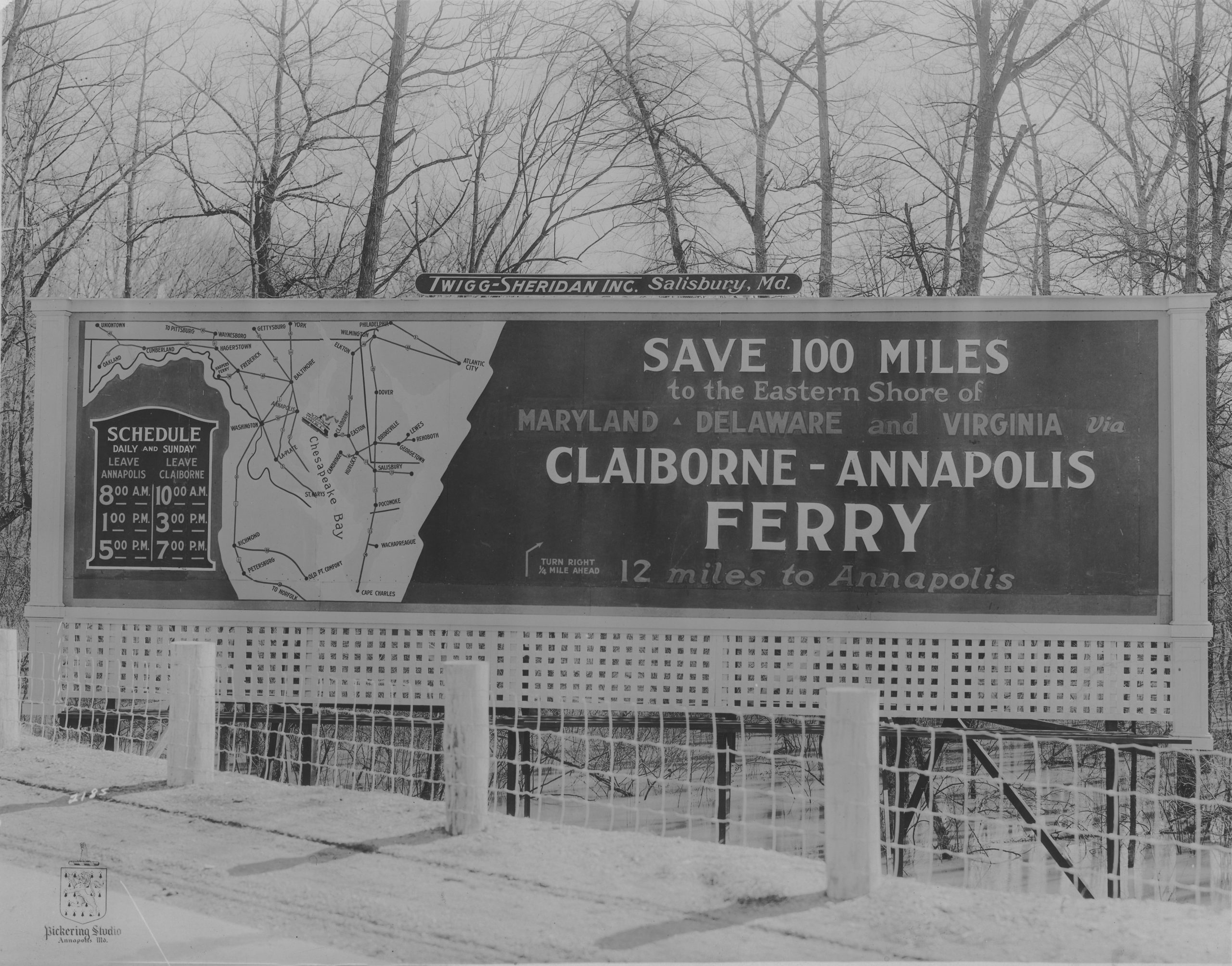 Photograph of sign advertising Claiborne-Annapolis Ferry by Pickering Studio, c. 1926-1930. Collection of the Chesapeake Bay Maritime Museum, 0899.0008