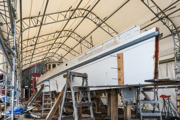Chesapeake buyboat Winnie Estelle sits in the Shipyard during its refit in March 2024.
