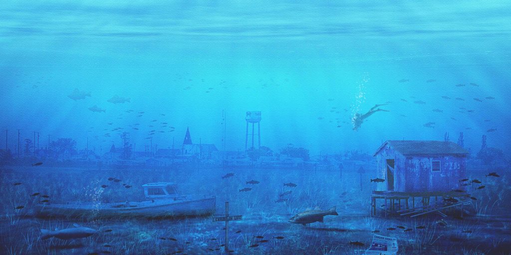 A photo-artistic montage featured in CBMM’s upcoming exhibition The Changing Chesapeake, Tom Payne’s “Tangier Abandoned” presents a fantastical depiction of Tangier Island underwater, which may become Tangier’s eventual fate.