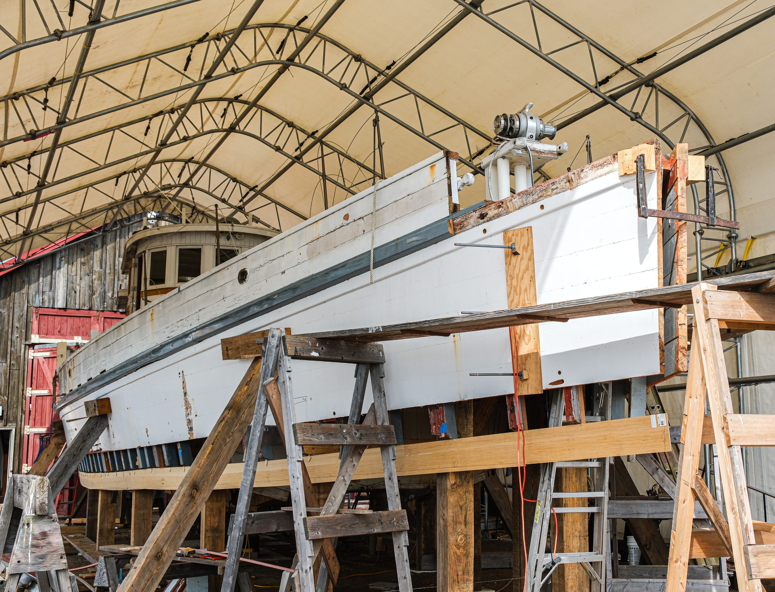 Chesapeake buyboat Winnie Estelle is undergoing a major refit in the CBMM Shipyard. (Photo by George Sass)
