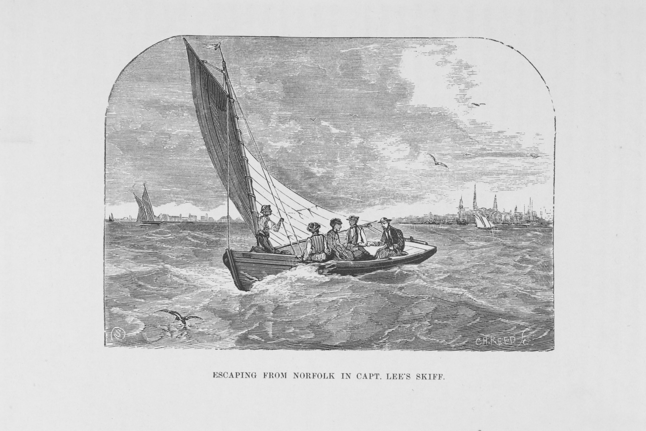 This engraving, titled “Escaping from Norfolk, Virginia in Captain Lee’s skiff,” is featured in CBMM’s upcoming special exhibition Sailing to Freedom. Engraving, 1872 by C.H. Reed, from William Still, The Underground Rail Road.