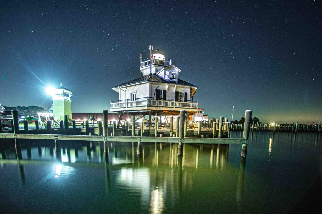 A view of the 1879 Hooper Strait Lighthouse at night. (Photo courtesy David Zapatka, USLHS)