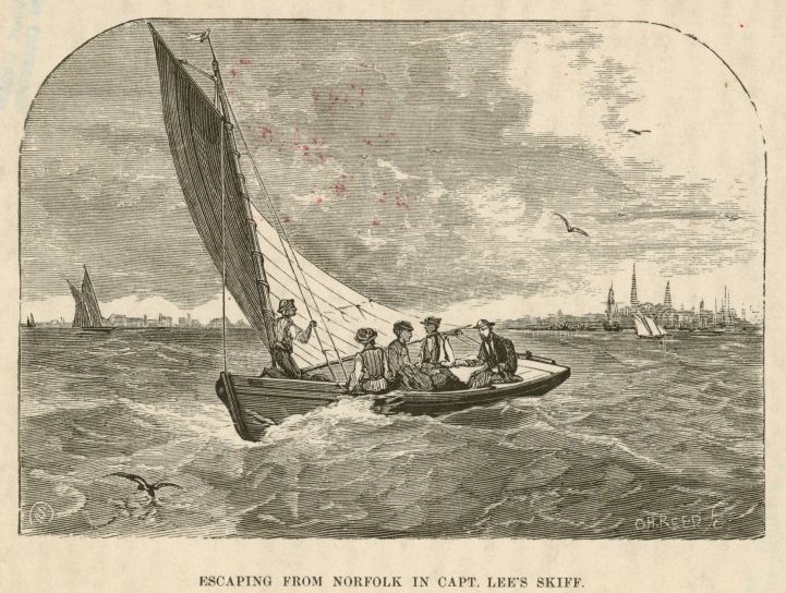 Engraving, “Escaping from Norfolk, Virginia in Captain Lee’s skiff,” by C.H. Reed from William Still, The Underground Rail Road: a record of facts, authentic narratives, letters, &c, 1872.